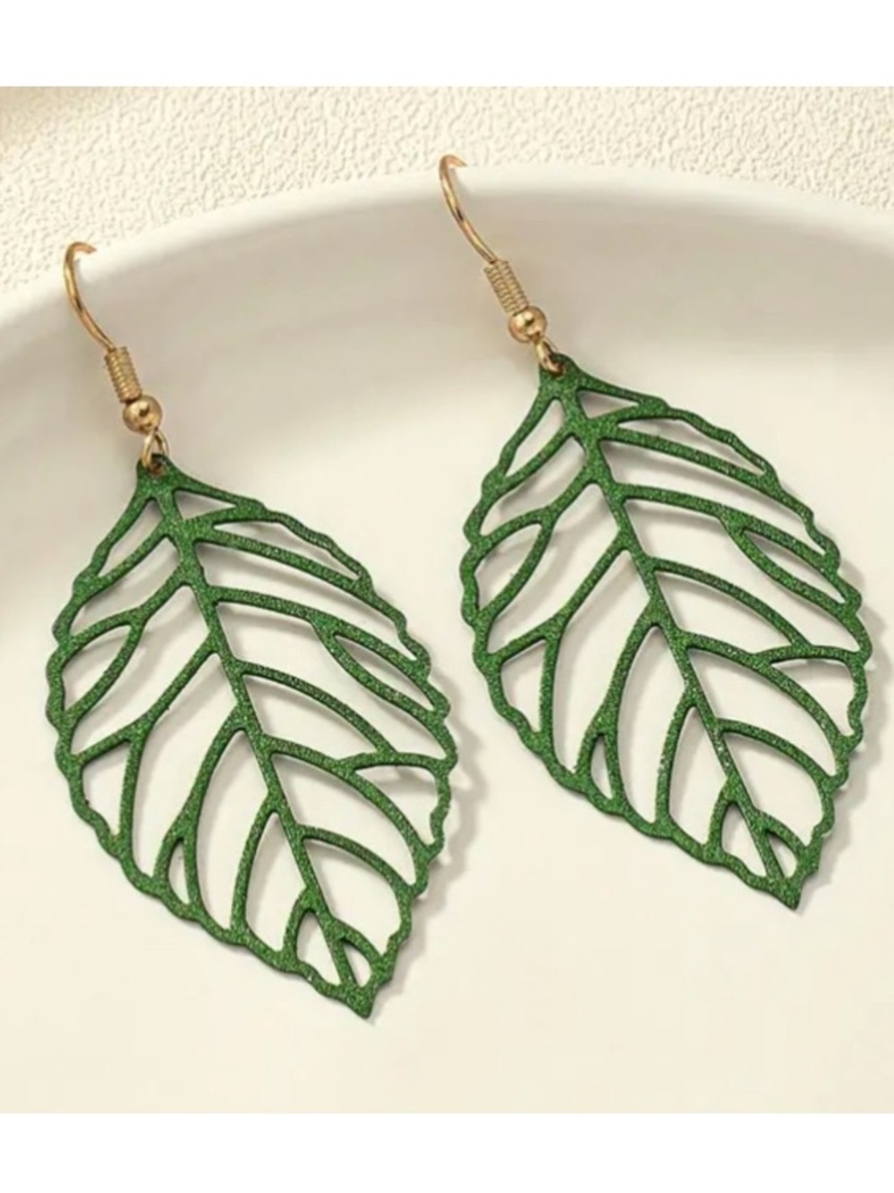 Filigree Green Leaf Gold Toned Dangle Earrings